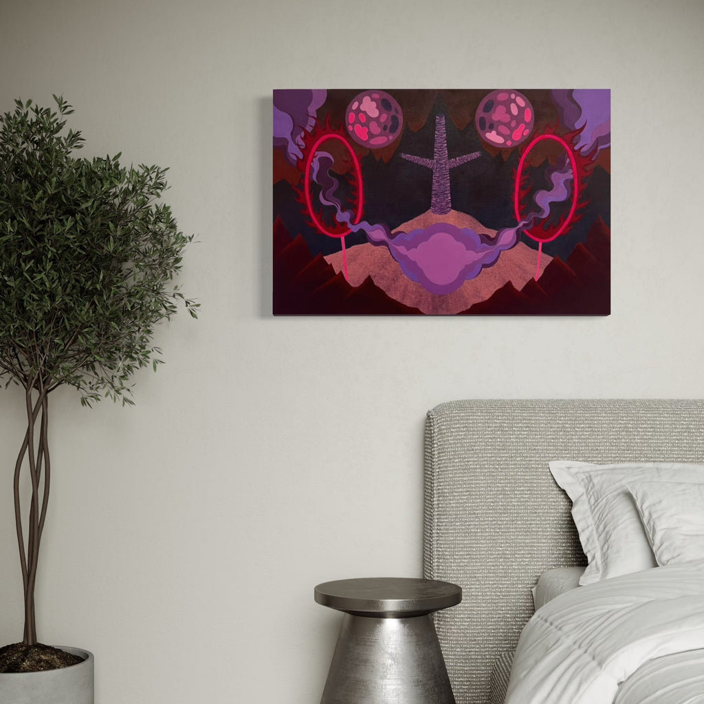 The artwork, Jumping Through Hoops, by Tyler Sorgman, displayed in a room.