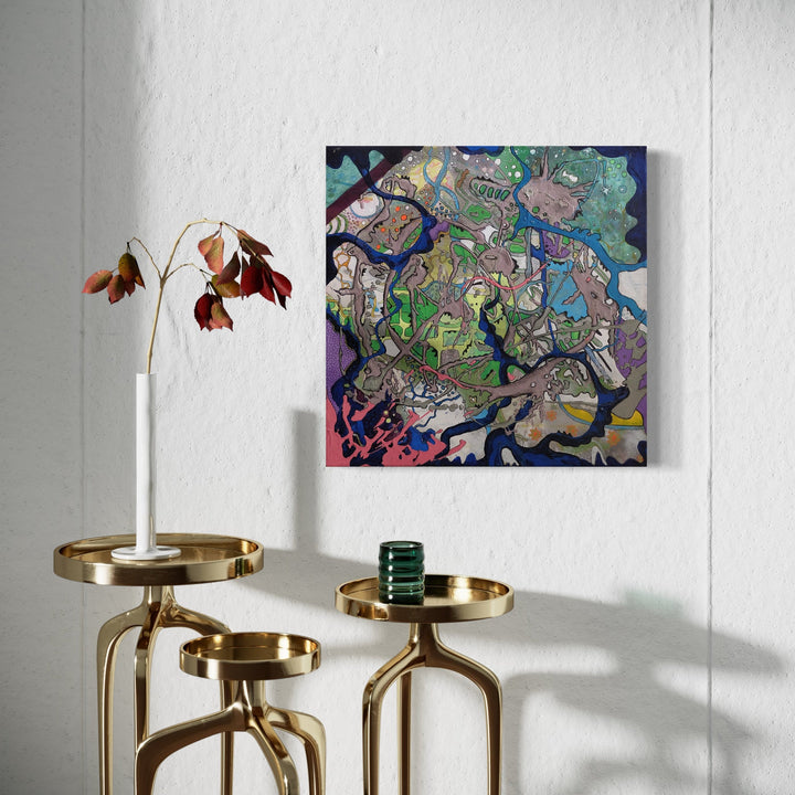 The artwork 'Jungle Roller Coaster' by Devin Ruiz features an abstract landscape with intertwining curved lines and organic shapes in vibrant colors. The 18x18 inch acrylic painting showcases swirling patterns in blues, greens, and purples, creating a dynamic composition reminiscent of a whimsical jungle adventure. The piece combines fluid brushstrokes with intricate details, expressing movement and energy across the canvas by Devin Ruiz.