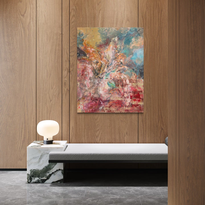 The artwork, Kiss Me Over The Garden Gate, by Molly Herman, displayed in a room.