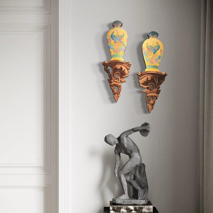 The artwork, Kutani Birds, by Carl Chaiet, displayed in a room.