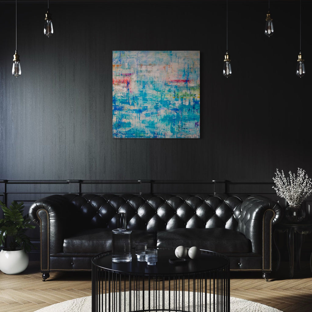 The artwork, LA DOLCE VITA, by Amadea Bailey, displayed in a room.