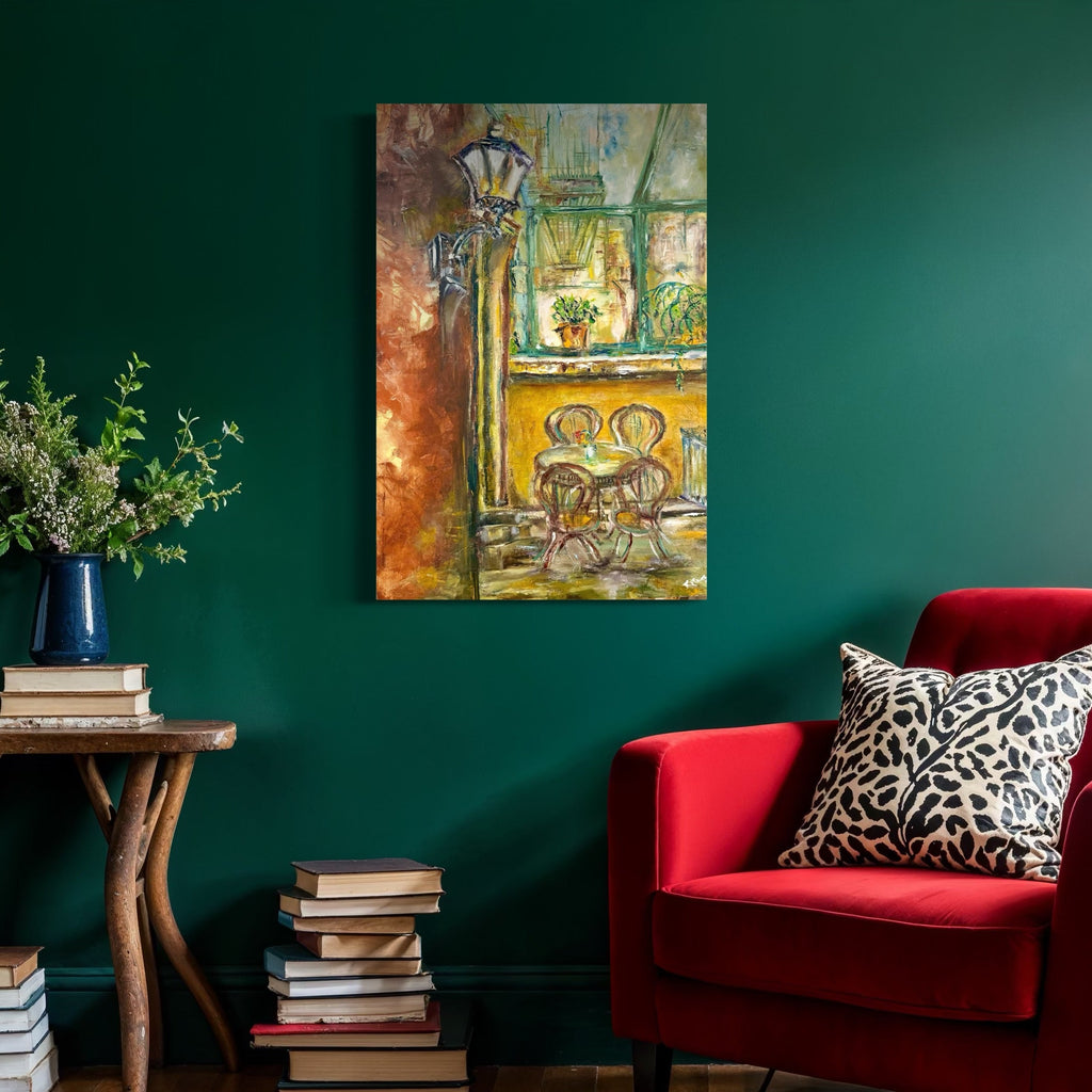 The artwork, La Lanterna-New York City, by Rita BasuMallick, displayed in a room.