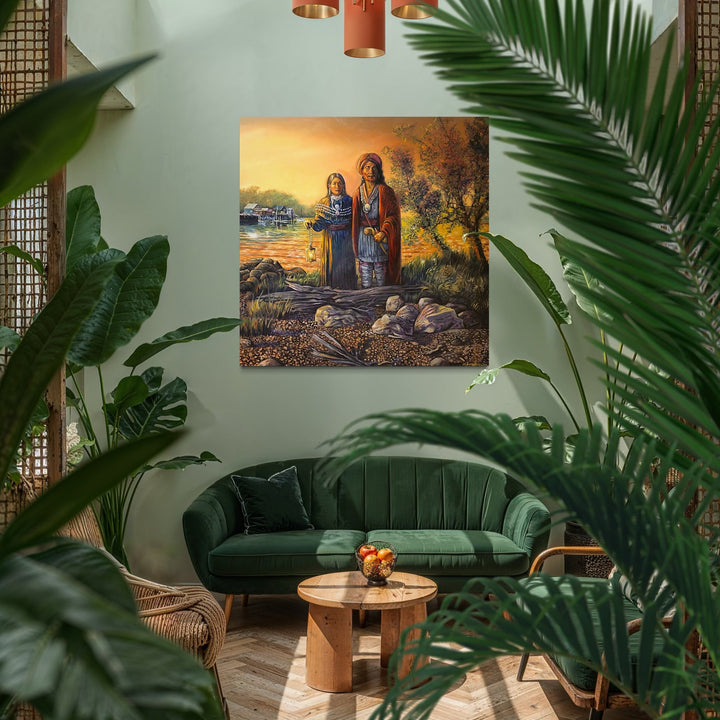 The artwork, Lamp to the Future (Woodland Native American scene, ca. 1780), by David Bunn Martine, displayed in a room.