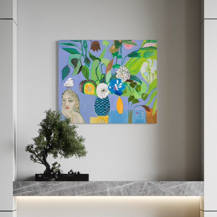 The artwork, Lavendar Light Bouquet, by Lisa Warren, displayed in a room.