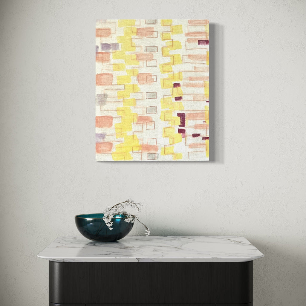 The artwork 'Light A Candle-7' by Cora Jane Glasser features a delicate abstract pattern of rectangular shapes in soft watercolor tones. Yellow, peach, and grey rectangles create a rhythmic vertical composition on white background, with deeper purple accents adding depth. Oil on linen captures subtle color transitions and geometric harmony.