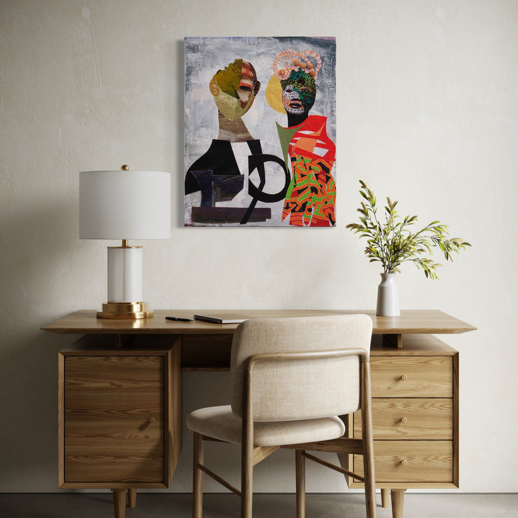 The artwork, Like Fire and Water, by Mona Dworkin, displayed in a room.