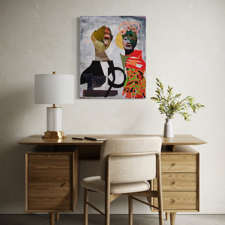 The artwork, Like Fire and Water, by Mona Dworkin, displayed in a room.