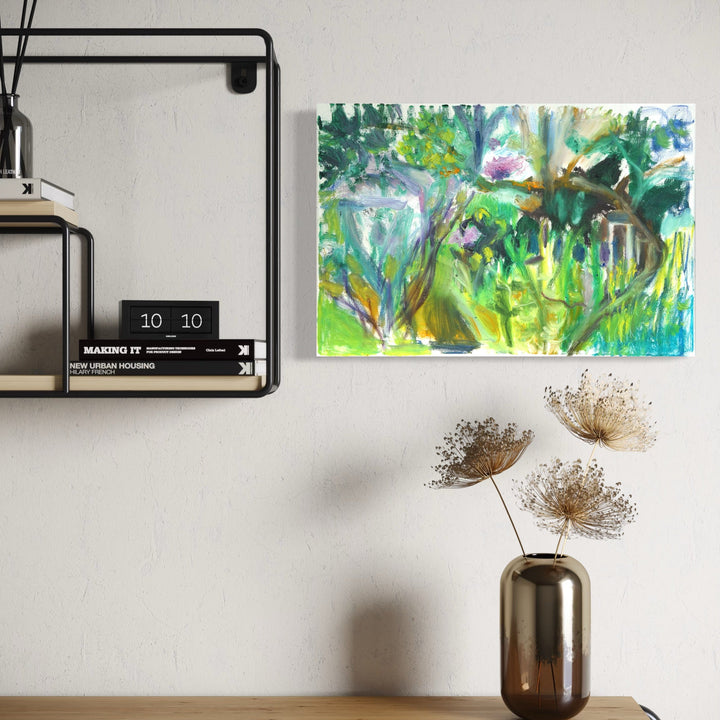 The artwork, Lilac House, by Maureen Shea, displayed in a room.
