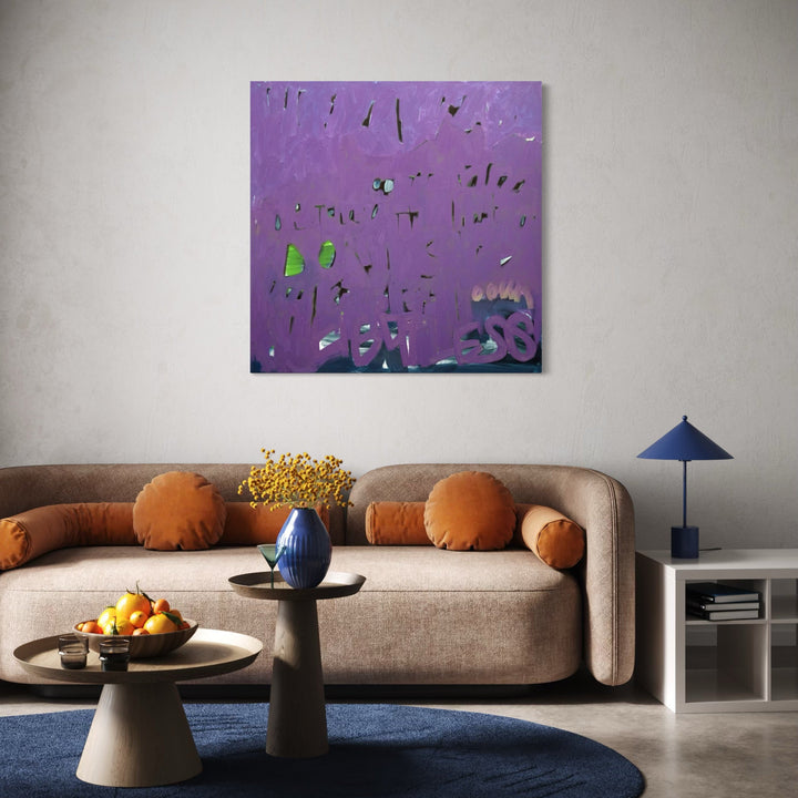 The artwork, Lily & Friends: A Scrim is a Scrim, by Lia Rodi, displayed in a room.