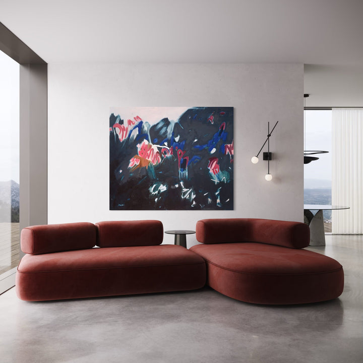The artwork, Lily & Friends: Convsersing Above and Below, by Lia Rodi, displayed in a room.