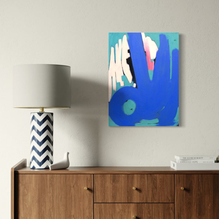 The artwork, Lily & Friends: Me Ow, by Lia Rodi, displayed in a room.