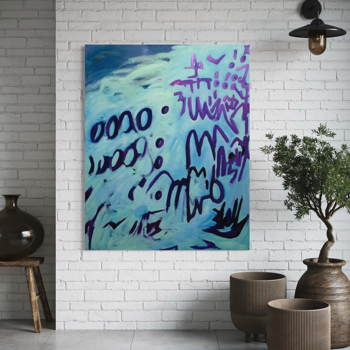 The artwork, Lily & Friends: Tumbling Effect, by Lia Rodi, displayed in a room.
