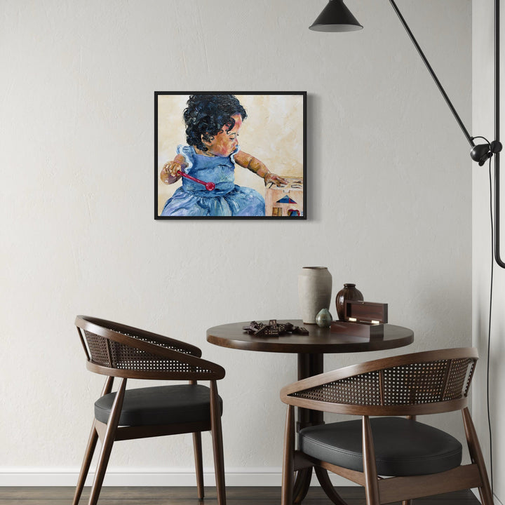 The artwork, Lily's Playtime, by Lauren Luna, displayed in a room.