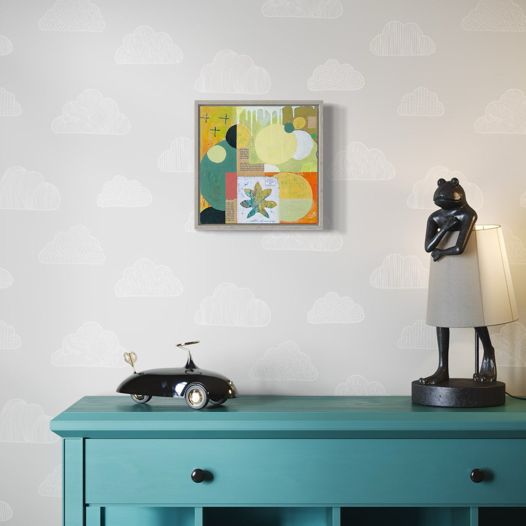 The artwork 'Limes and Lemons' by Giliane Bader features a vibrant geometric composition divided into four quadrants, showcasing abstract circular forms in lime green, yellow, and turquoise. Mixed media on birch panel with textured cold wax finish creates a modern, playful design with botanical elements and soft color transitions, measuring 12x12 inches. By Giliane Bader.