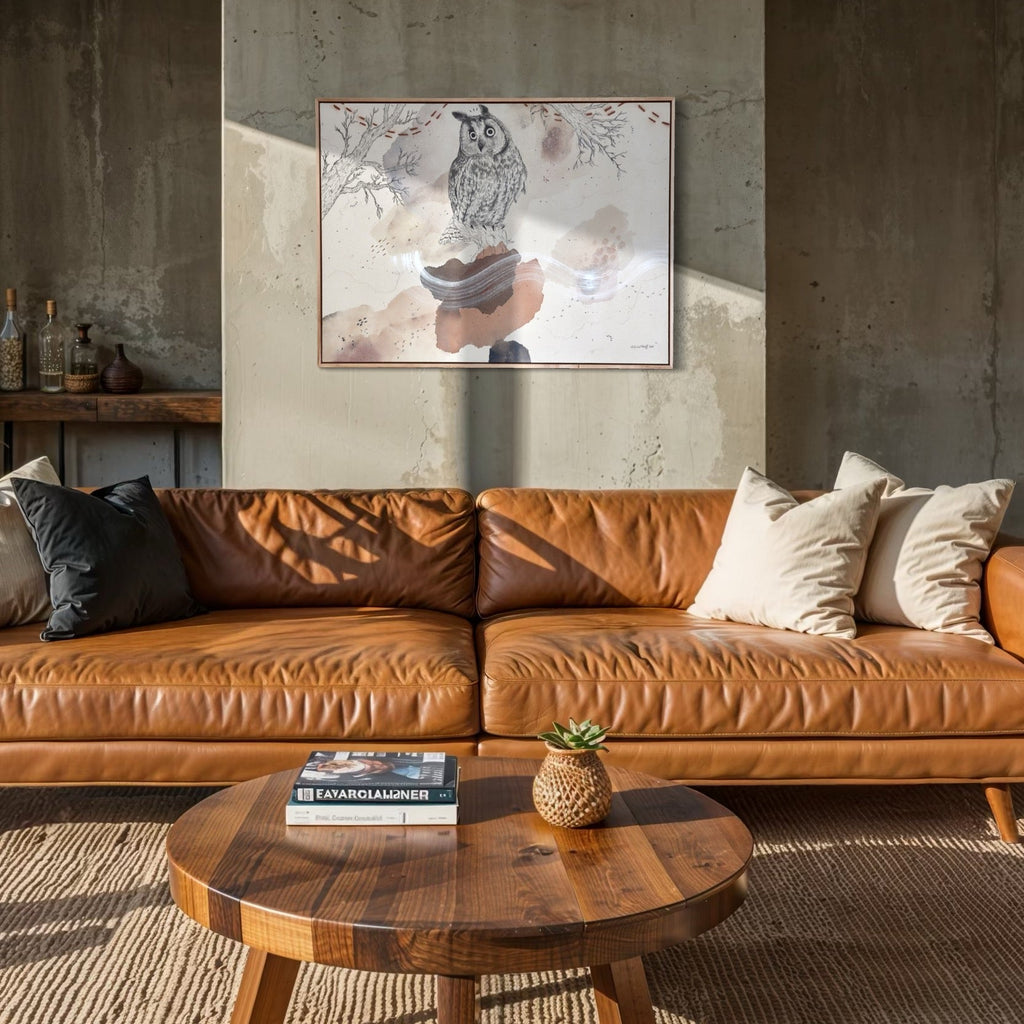 The artwork, Long-Eared Owl is All Ears, by Alicia Hauff, displayed in a room.