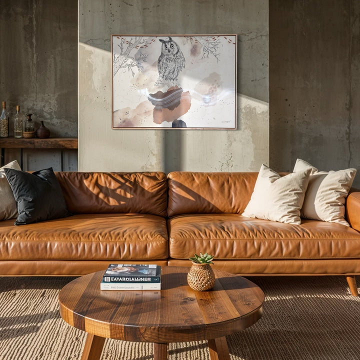 The artwork, Long-Eared Owl is All Ears, by Alicia Hauff, displayed in a room.