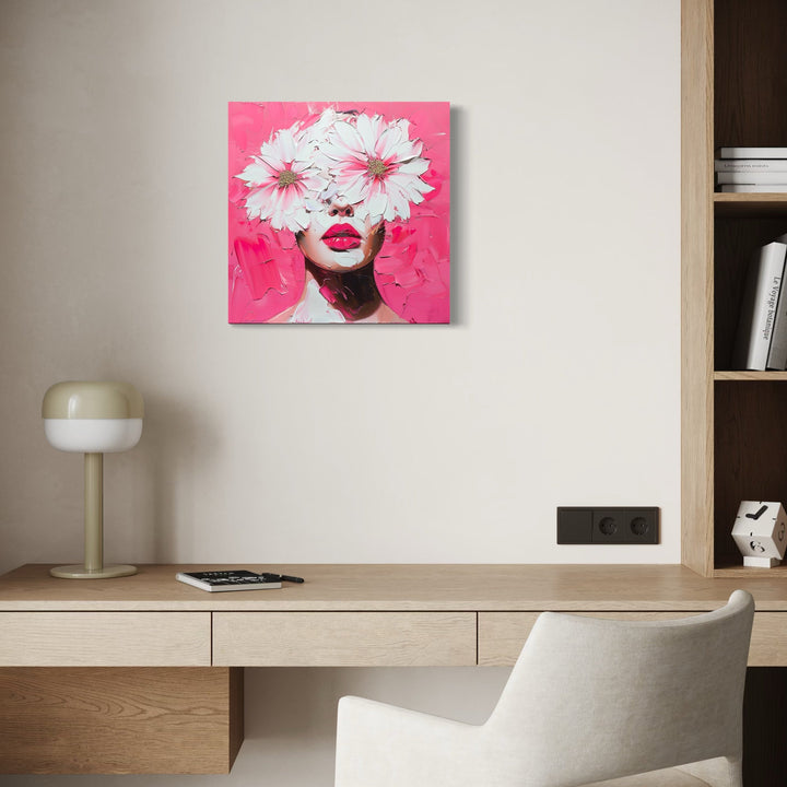 The artwork, Lovely Flower Woman, by Claudia Sauter, displayed in a room.