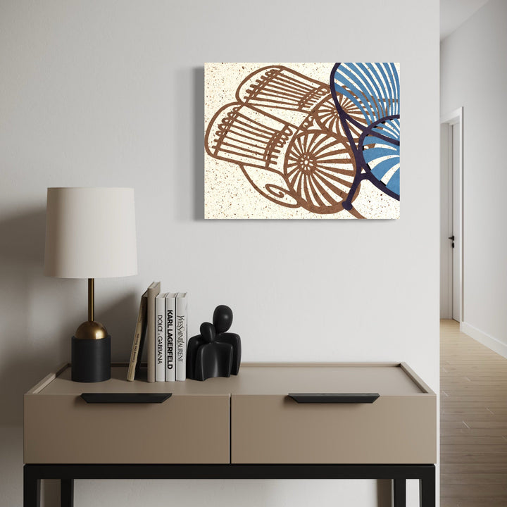 The artwork, Lovers Seat in Blue, by Roxa Smith, displayed in a room.