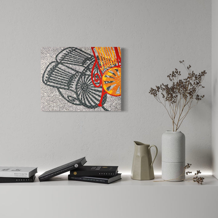 The artwork, Lovers chair in orange, by Roxa Smith, displayed in a room.