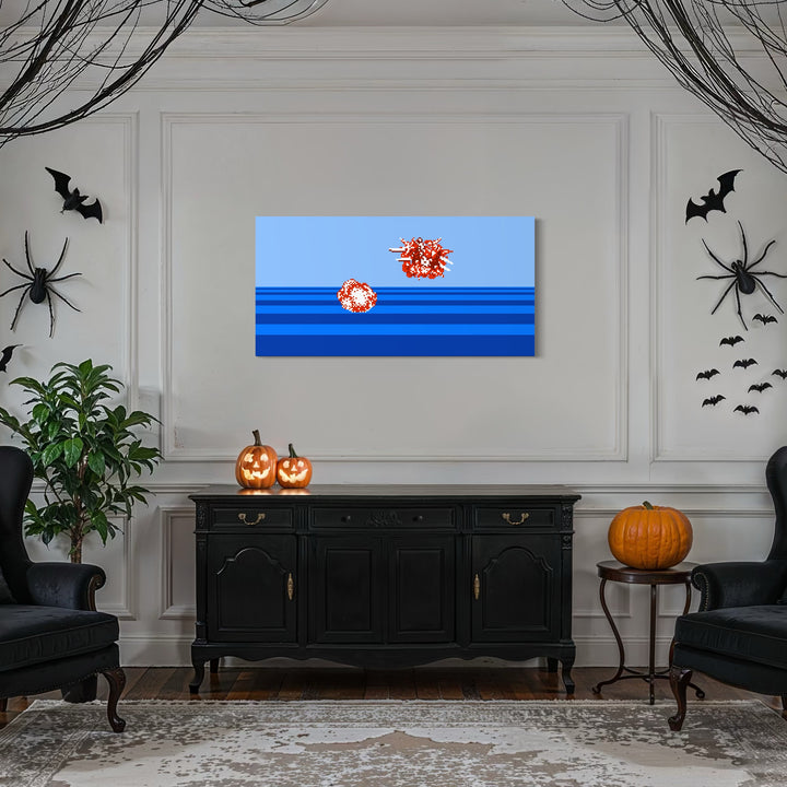 MAN DOWN by Harold Herb depicts two contrasting red-orange abstract forms floating above layered blue horizontal stripes, evoking a dynamic tension. Displayed on a white wall in a Halloween-themed room, the piece introduces a vivid, contemporary statement that balances stark color contrast with minimalist composition.