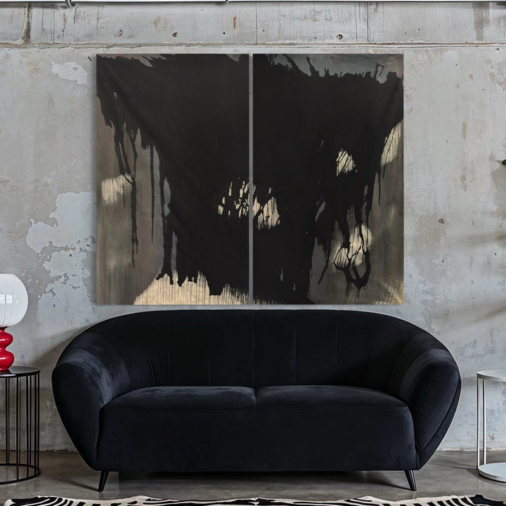 The artwork, MOODY FALL 8 (diptych), by Albion Vu, displayed in a room.