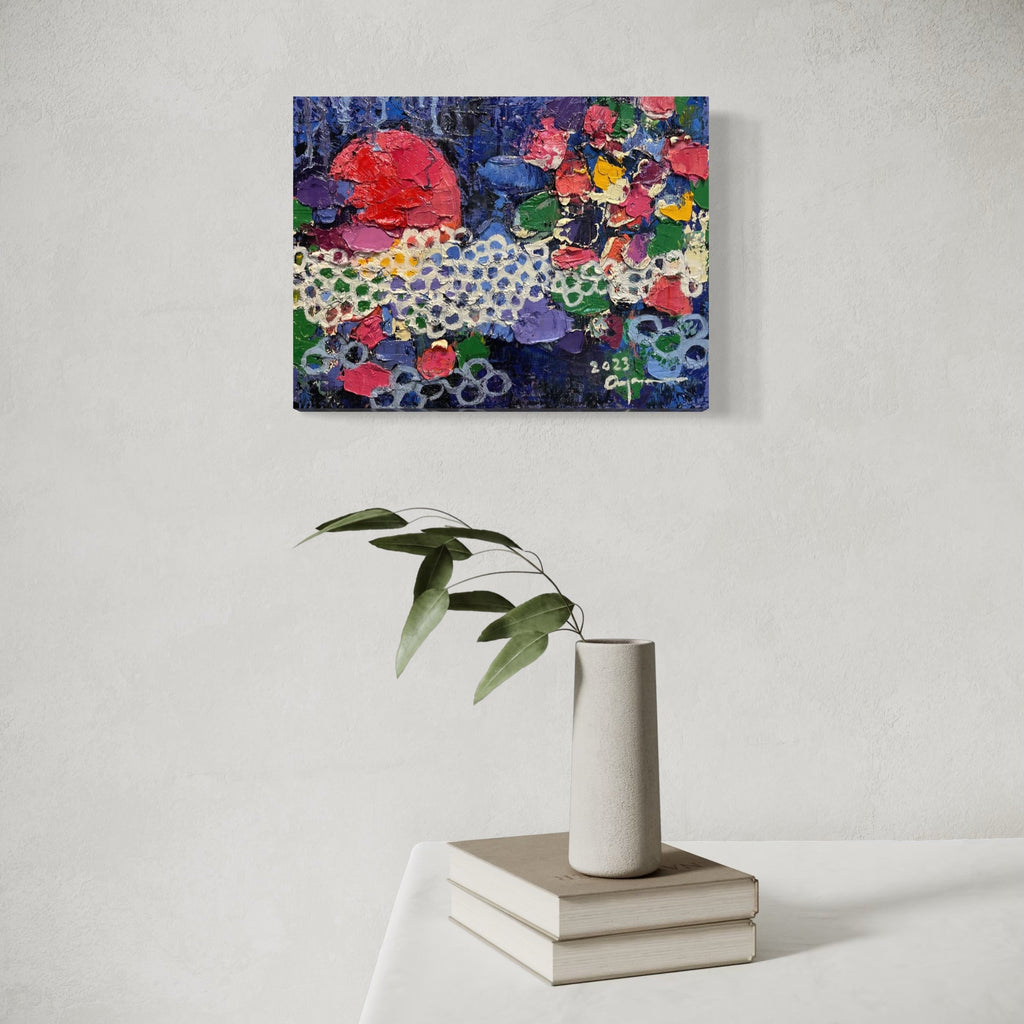 The artwork, Mantra for Life in Universe, by Ayane Kurai, displayed in a room.