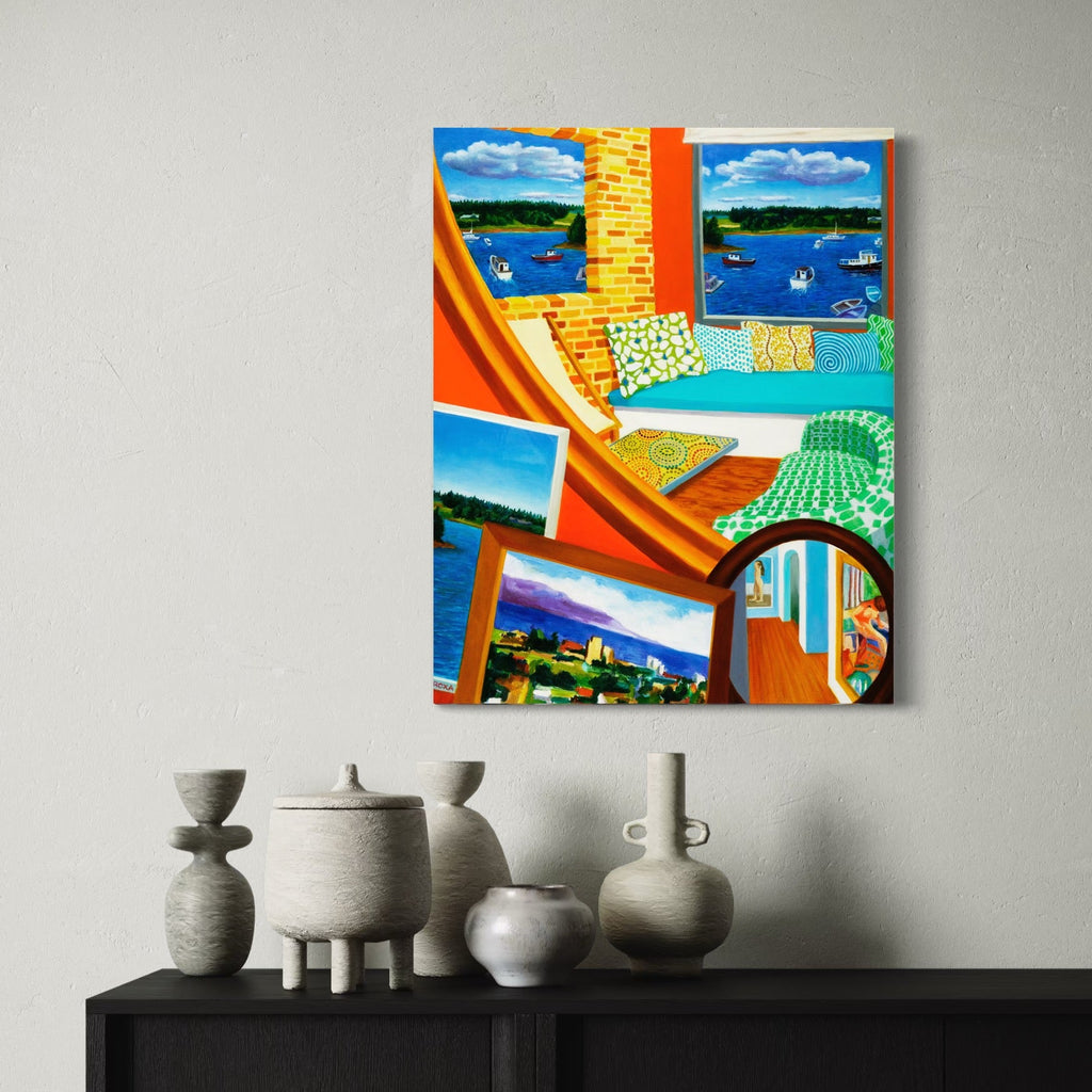 The artwork, Many worlds, by Roxa Smith, displayed in a room.