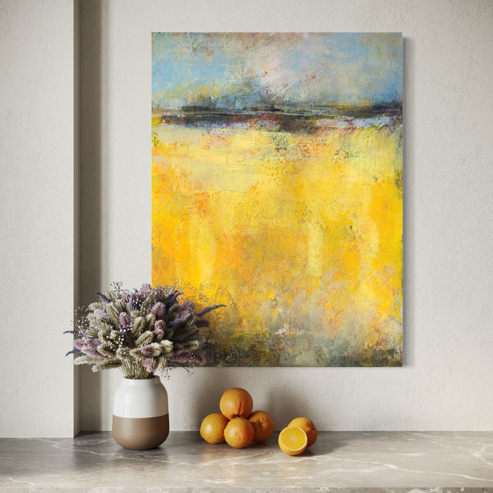 The artwork, Marigold Sound, by Victoria Primicias, displayed in a room.