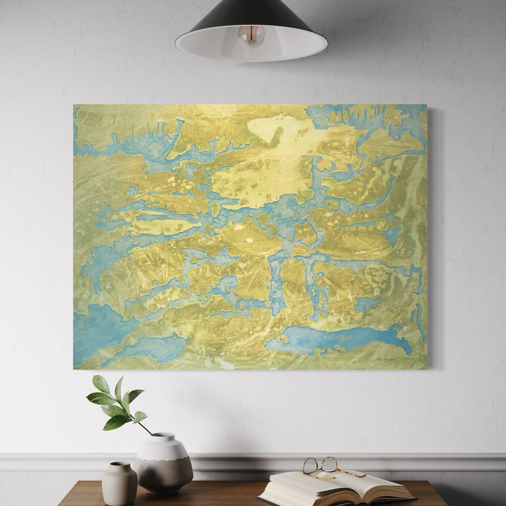 The artwork, Martians About to Land on Disappearing Island, by Marlene Struss, displayed in a room.