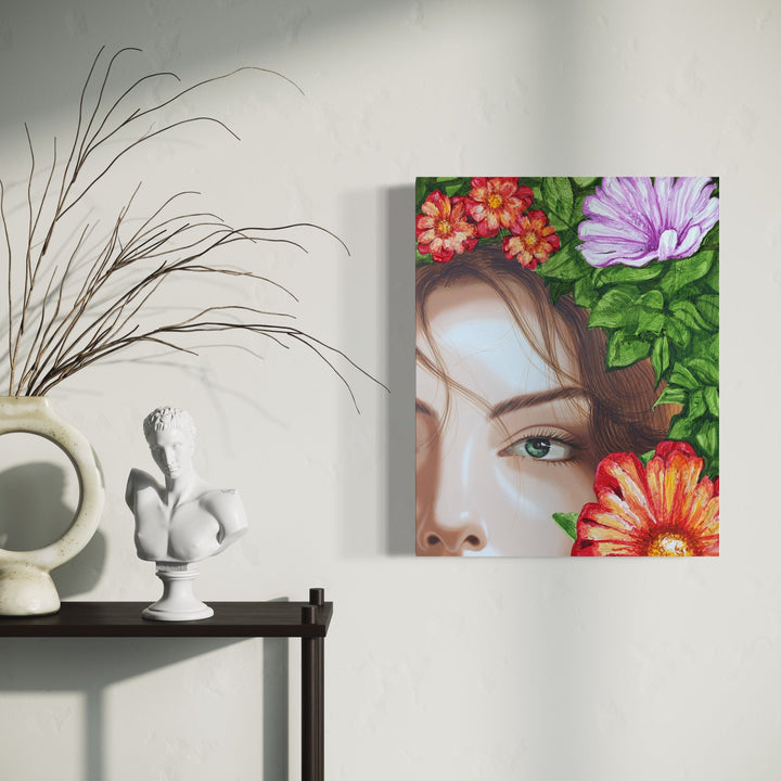 The artwork 'Memories of the Season I' by Carlos Gamez de Francisco features a close-up partial view surrounded by vibrant florals, including orange-red gerbera daisies and purple blooms amid lush green foliage. The acrylic painting on wood showcases hyperrealistic detail and romantic botanical composition.