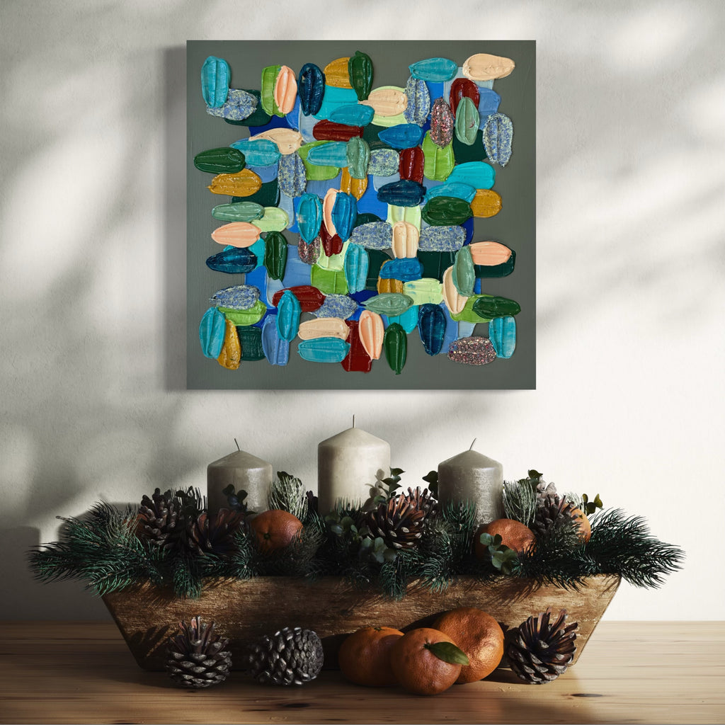 The artwork, Miami Blue, by Shiri Phillips, displayed in a room.