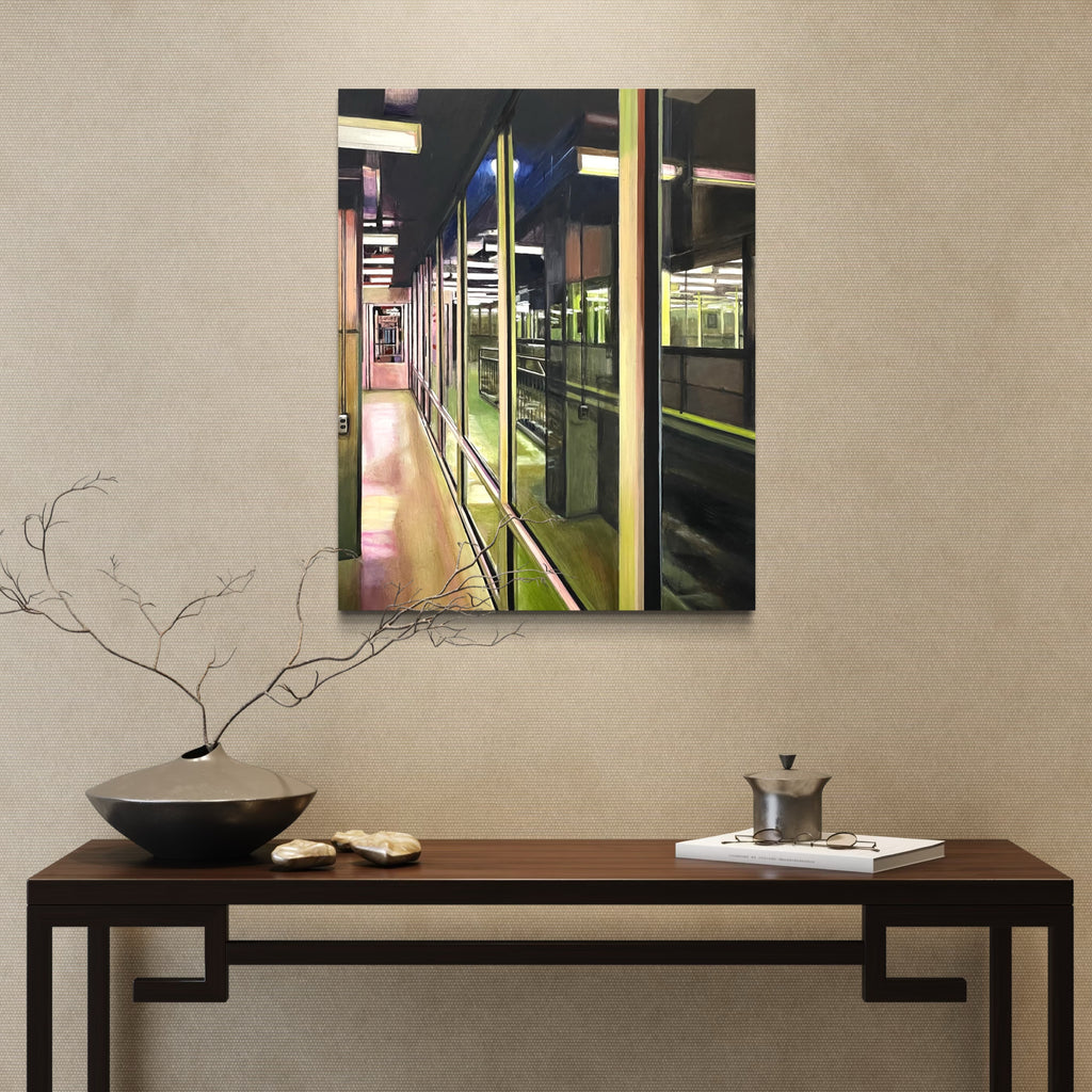 The artwork, Midnight in the Bus Station, by Allan Gorman, displayed in a room.