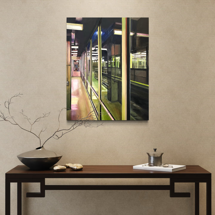 The artwork, Midnight in the Bus Station, by Allan Gorman, displayed in a room.