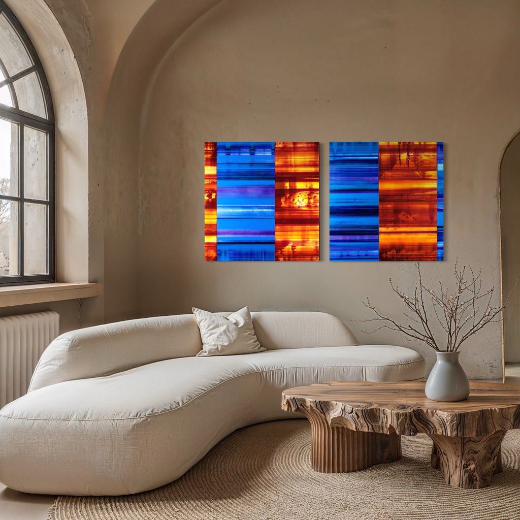 The artwork, Misappropriations diptych, by John Cox, displayed in a room.