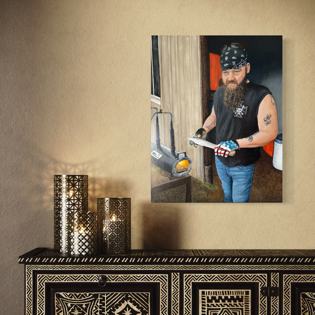 The artwork, Modern Blacksmith, by Lynnette Horn, displayed in a room.