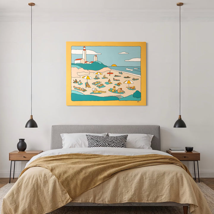 Montauk by Alimo displays a vibrant, stylized beach scene with sunbathers, umbrellas, boats, and a lighthouse under a soft blue sky, presented in a playful minimalist art style that brings cheerful coastal warmth to a modern bedroom setting.