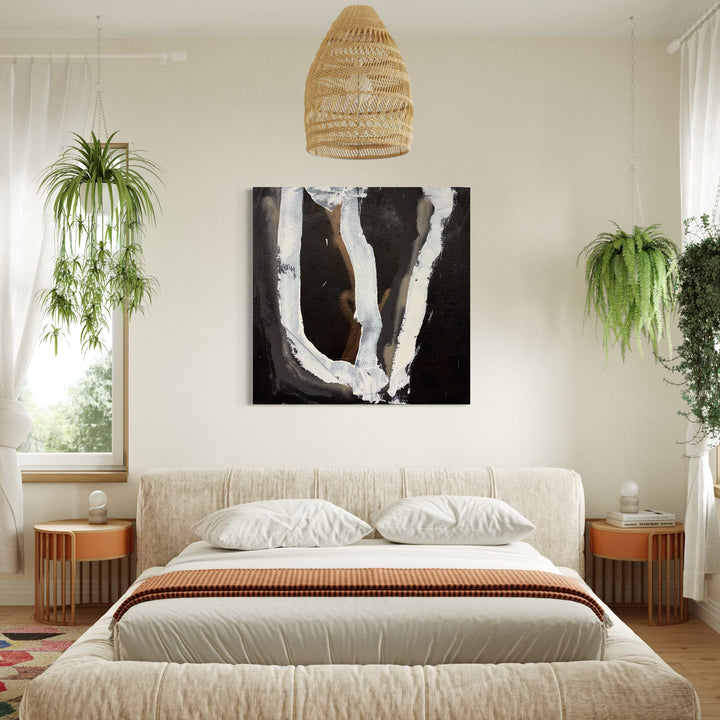 The artwork, Moody Fall 12 1, by Albion Vu, displayed in a room.