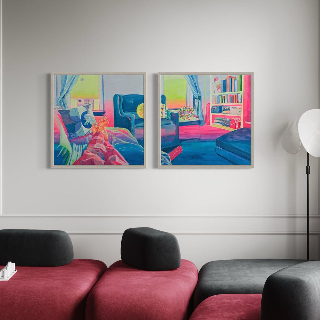 The artwork, Morning Visions, by Mary Younkin, displayed in a room.