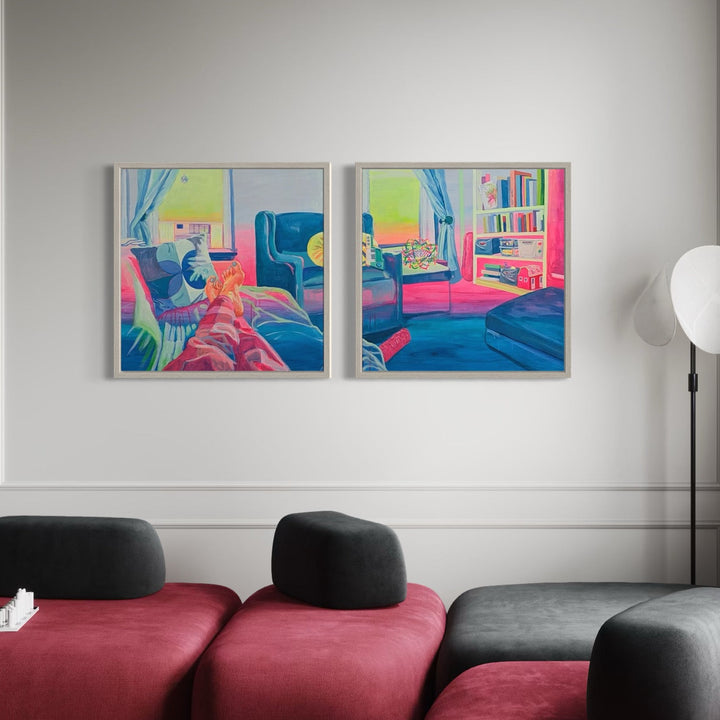 The artwork, Morning Visions, by Mary Younkin, displayed in a room.