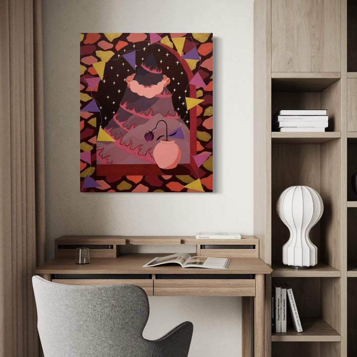The artwork, Mountain Climber, by Tyler Sorgman, displayed in a room.