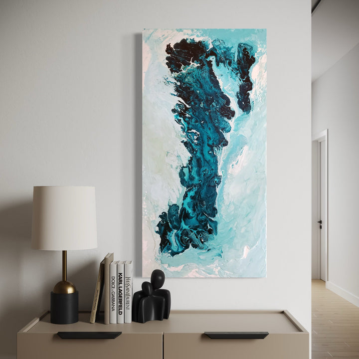 The artwork, Mythical Facts - Melting Ice Shelves, by Anne Cherubim, displayed in a room.