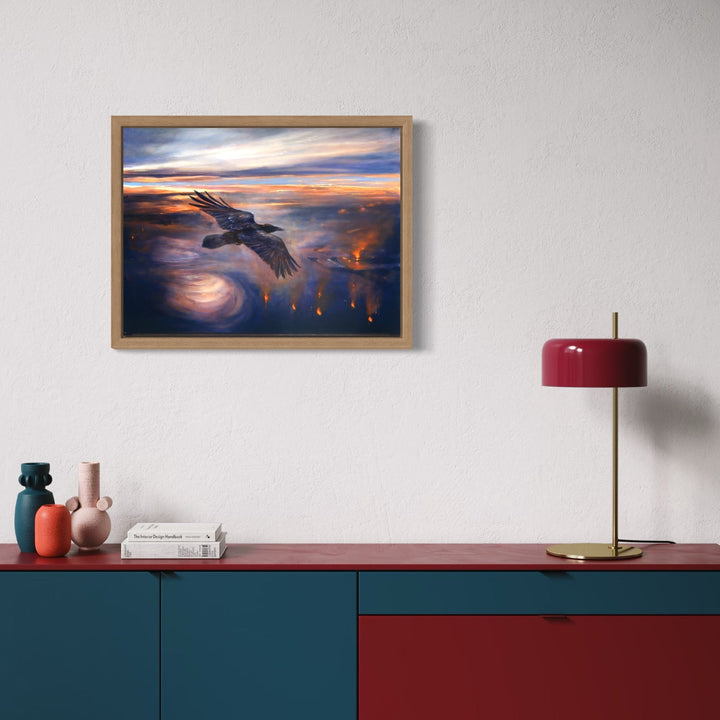 The artwork, Mythos, Odin's Raven, by Regina Miele, displayed in a room.