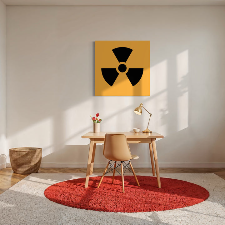 NUKE by Harold Herb features a bold black radiation symbol on a striking mustard yellow background. Displayed above a minimalist wooden desk with a beige chair, gold desk lamp, and small vase of flowers, the artwork adds an edgy, modern statement to a bright, airy room with soft natural light and warm neutral tones.
