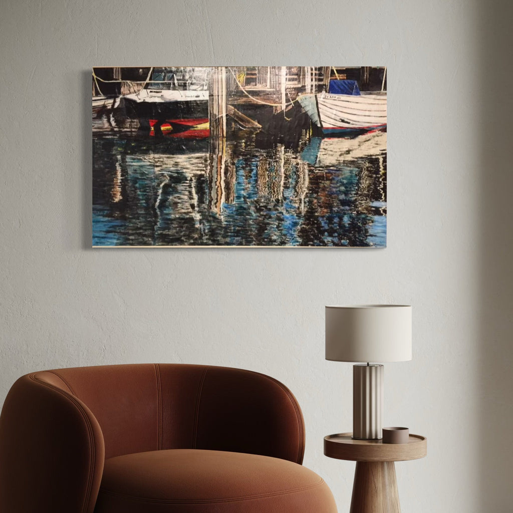 The artwork, Nantucket Boatride, by Robert Dec, displayed in a room.