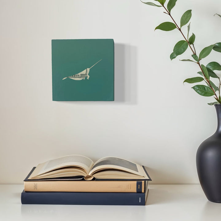 The artwork, Narwhal Spirit Messenger, by Jacki Davis, displayed in a room.