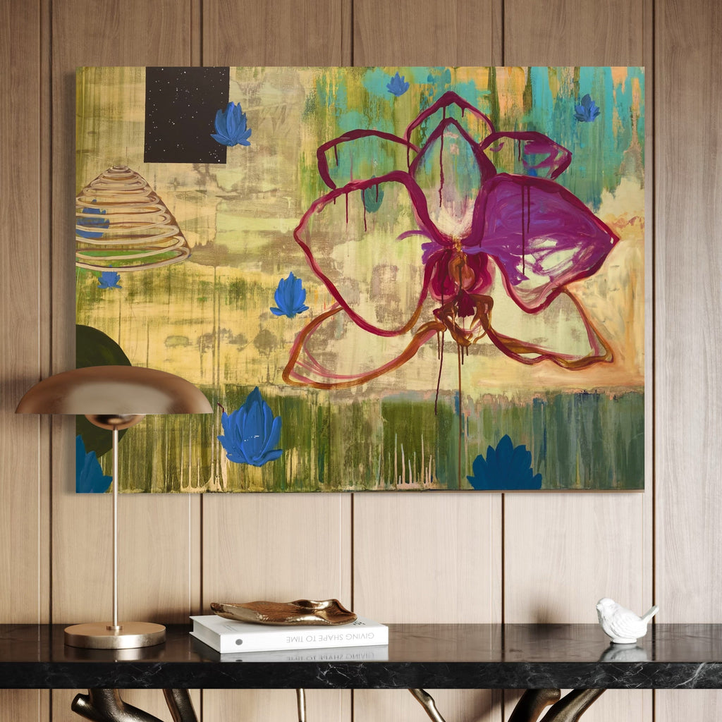 The artwork, Nature / Spiral / Orchid, by Karen Nielsen-Fried, displayed in a room.