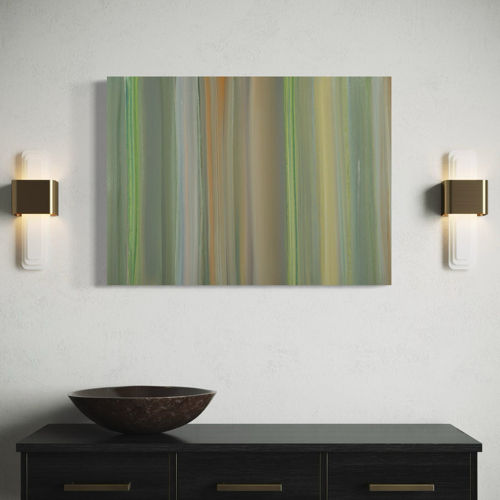 The artwork 'Navigation 7' by Willy Bo Richardson features vertical brushstrokes in soft sage green, muted orange, and gray tones creating a harmonious abstract composition. Oil on paper technique brings depth through blended stripes, suggesting natural movement and atmospheric qualities across the 30x22 inch surface.