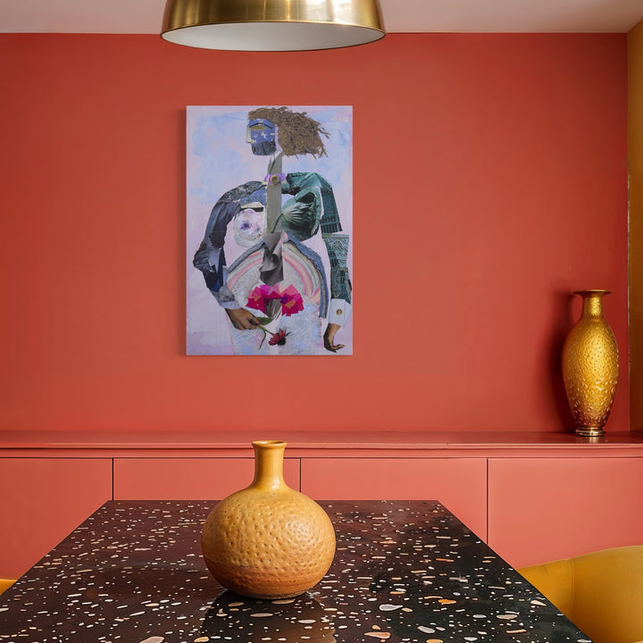 The artwork, New Beginnings, by Mona Dworkin, displayed in a room.