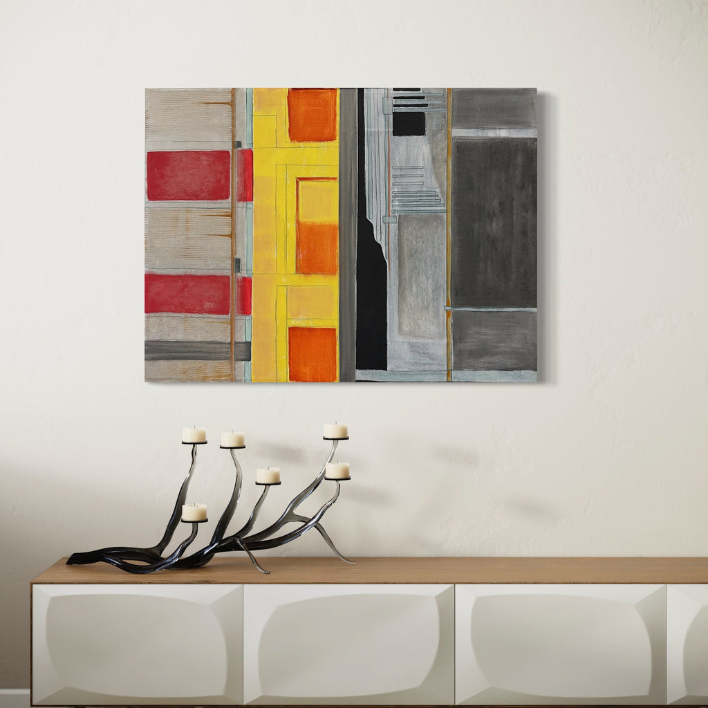 The artwork 'No Exit' by Cora Jane Glasser features geometric abstract composition with vertical bands of vibrant yellow, red, and gray. Bold rectangular shapes create a rhythmic pattern across the canvas, with warm orange accents contrasting against cool metallic tones. Oil on stretched canvas shows distinct textural qualities and clean architectural lines in modernist style, 30x40 inches. By Cora Jane Glasser.