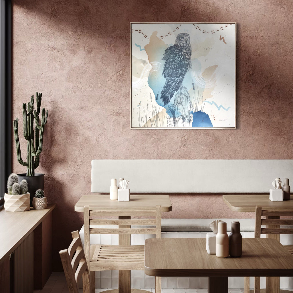 The artwork, Northern Harrier, Low Gliding Guide, by Alicia Hauff, displayed in a room.